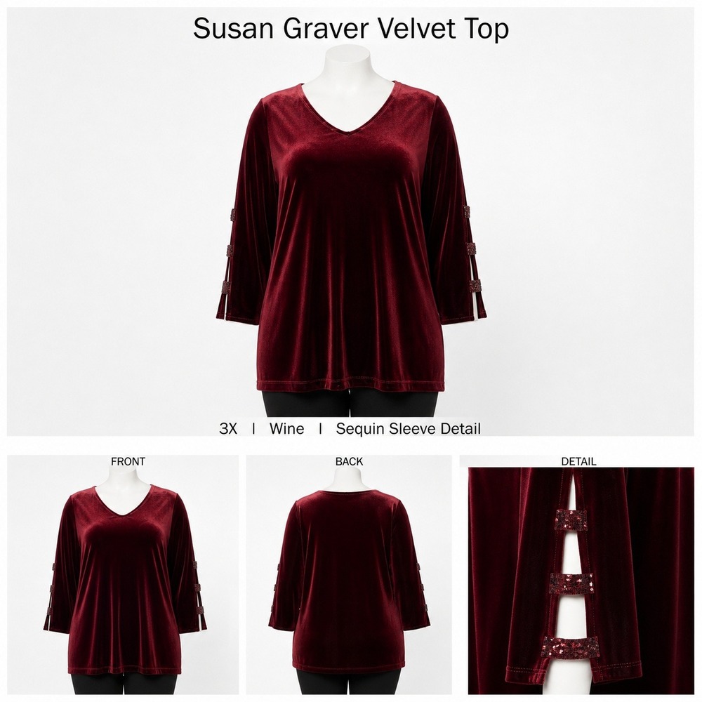 Susan Graver Womens 3X Knit Velvet Top Sequin Band Split 3/4 Sleeve Burgundy Red
